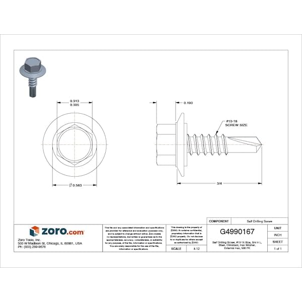 Drilling Screw,#10-16,3/4 in L,PK500