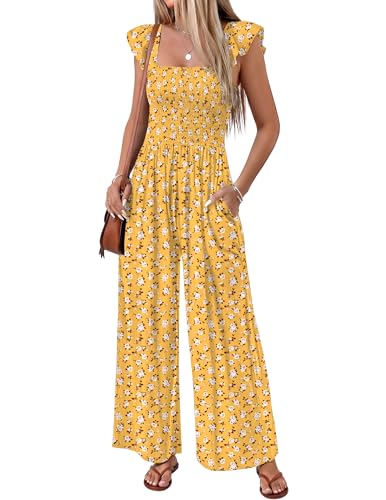 Ekouaer Womens Casual Jumpsuits Summer Boho Outfits Printed Smocked Wide