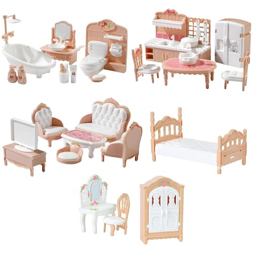 32 Pcs Doll House Furniture Set Miniature 1:12 Scale Mini Dolls House Furniture with Kitchen Dining Room Living Room Bedroom Bathroom for Playhouse