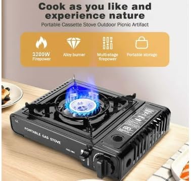 Generic Portable Camping Stove with a blue flame ignited, indicating it is in operation.