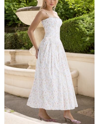 Women's Floral Print Maxi Dress, Square Neck, Spaghetti Strap, White Summer A-Line Sundress4
