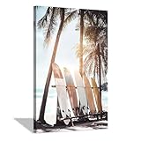 Hardy Gallery Palm Tree Wall Art Surfboard Pictures: Beach Scene Painting Coastal Wall Decor Seaside Artwork Surfing Ocean Print in Beach Canvas for Bathroom 16'x11'