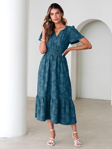 Image of Simplee Womens Summer Boho Maxi Dress Semi Formal Wedding Guest Short Sleeve V Neck Empire Waist Floral Long Dresses