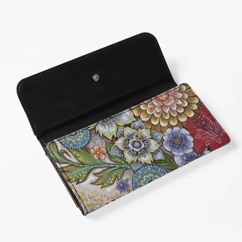 Image of AFPANQZ Bright Boho Flower Wallet Womens Clutch Long Wallets Leather Trifold Long Wallet Card Holder Slots Wallet Leather Long Wallet Ladies Travel Purses with Phone Holder Zip Coin Pocket