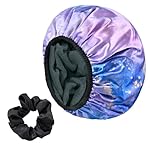 Purple Marble Print Satin Shower Cap, Three-Layer Terry Cloth Lined, with Silk Hair Ties, Microfiber Waterproof Reusable Large Size Shower Cap for Women Long Thick Hair