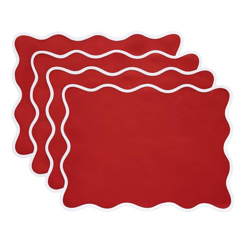 Solino Home Scallop Cloth Placemats Set of 4-100% Pure Linen Christmas Red Placemats 14 x 19 Inch - Giselle Scallop Edge, Handcrafted and Machine Washable by Solino Home - Used condition - US$23.75