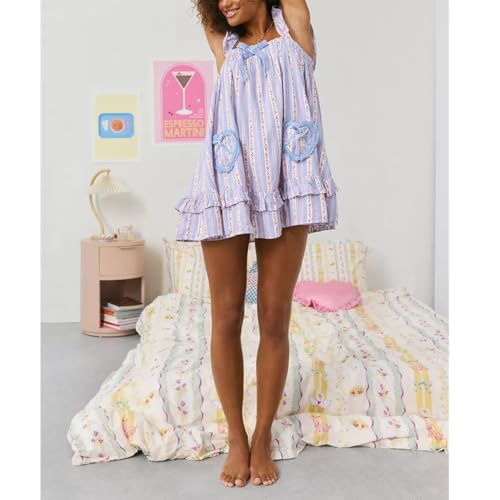 Image of HOXIJIA Women Cute Floral Printed Mini Dress Sleeveless Bow Front Loose Ruffled Short Dress Summer Gingham Babydoll One Piece