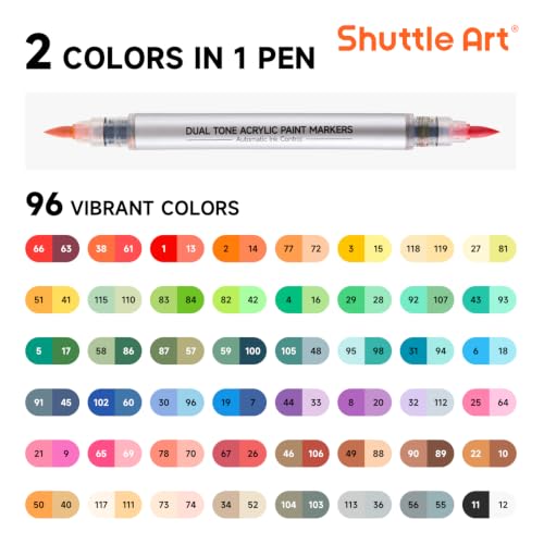 Image of Shuttle Art 96 Colors Dual Tone Acrylic Paint Markers, 48 Pack Automatic Ink Control Brush Tip Pens for Rock Painting, Ceramic, Wood, Canvas, Glass, Stone, Fabric, Card Making, DIY Crafts