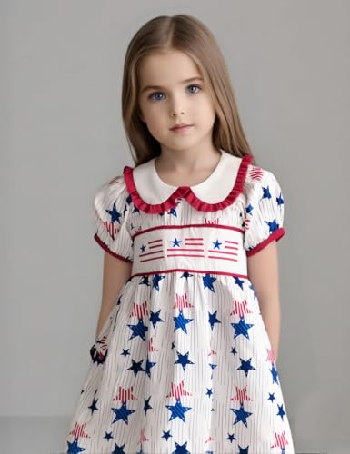 luethbiezx Kids Toddler Little Girls 4th of July Dress Doll Collar Star Stripe America Flag Short Sleeve Independence Dress3