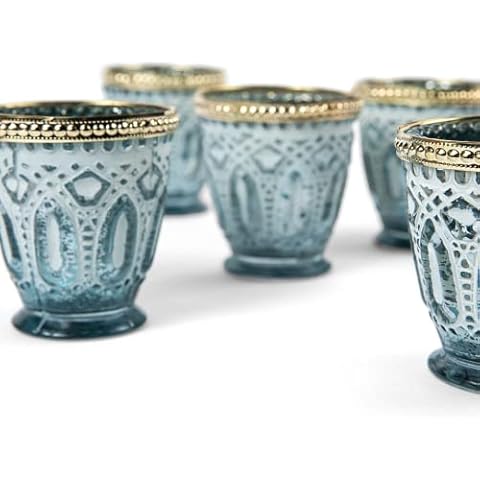 Koyal Wholesale Shabby Chic Vintage Glass Votive Candle Holders Beaded Rim Set of 6, Antique Bulk Tealight Holders, Tablescapes, Wedding, Home Decor, Restaurant (Frosted Blue with Gold Rim) Cover