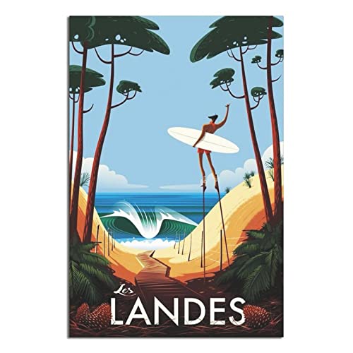 YONGCAI Vintage Landes France Côte Surf Voyage Poster sur Toile - Décoration Murale Chambre Art Peinture Impression Cadeau Affiches