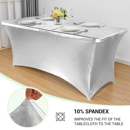 Image of Obstal 6ft Stretch Spandex Table Cover for Standard Folding Tables - Universal Rectangular Fitted Tablecloth Protector for Wedding, Banquet and Party, 72L x 30W x 30H Inches, Stamping Silver, 2pc