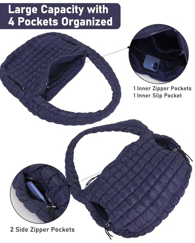 Image of Large Quilted Puffer Tote Bag for Women with Mini Pouch Puffy Crossbody Bags Purse Hobo Puff Shoulder Carryall Gym Travel