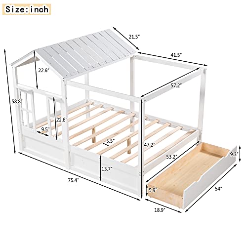 Full Size House Beds With Storage Drawers Wood Tree House Bed Frame For Kids Montessori Bed Playhouse Cabin Tent Bed For Girls Boys Children Teens Juniors, White #TOP1