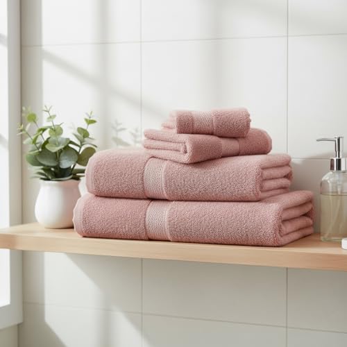 Image of Sulfar 100% Combed Cotton, Quick Drying Highly Absorbent Thick Bathroom Towels, Luxury Bath Towel Set (Pack of 4, 70 X 140 cm) - 600 GSM (Basic Pink)