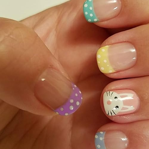 Easter Press on Nails Pastel French Tip Fake Nails Short Square N...