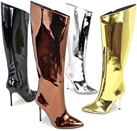 Liliana Women's Stiletto High Heel Knee High Boots Pointed Toe Side Zipper Dress Party Thin Heels Shoes Frenzy-1 Silver 10 | Image 2