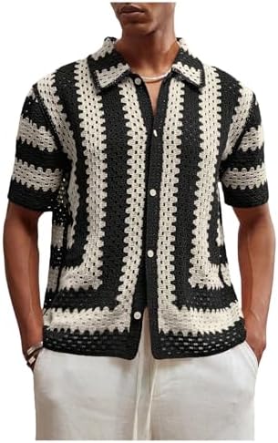 BEAUDRM Men's Striped Knit Shirts Short Sleeve Button Down Shirt ...