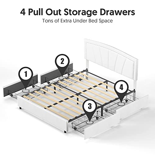 Bonsoir Full Size Storage Bed Frame Upholstered Low Profile Traditional Platform With Tufted And Nail Headboard/No Box Spring Needed/4 Pull Out Drawers/White Faux Leather #TOP4
