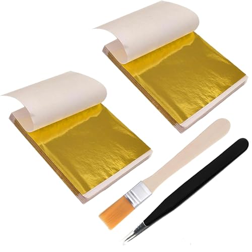 200 Sheets Gold Leaf Imitation Gold Leaf Edible for Cakes With Brush And Tweezers for Cakes Drinks Beauty Routine Makeup Health Spa Art Craft Work Decoration (8.5cm*8cm)