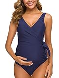 Love2Mi Schwangerschafts Badeanzug Einteilig Elegant mit V-Ausschnitt Schwangerschafts Bademode Krawattenfront Bowknot Badeanzug Navy blau S