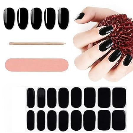 16 tips semi cured gel nail wraps - solid polish stickers full kit, art strips for women girls (08 black gem)