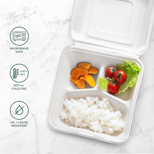 Image of Freshware Clamshell Food Containers with Lids [9x9 inch] 3-Compartment 100-Pack, Disposable To Go Containers, Biodegradable Sugarcane To Go Boxes - Paper Container - Microwave & Freezer Safe, Stackable