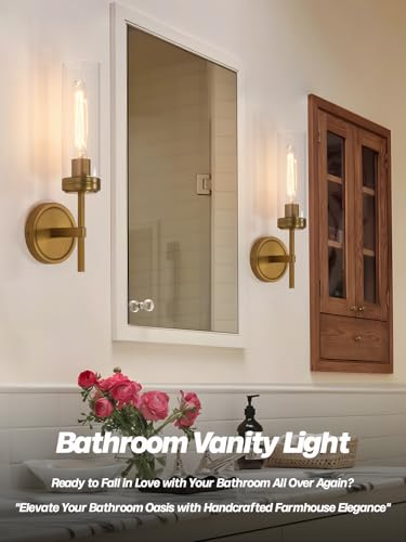 Image of Modern Wall Sconces Set of Two Brass Gold Bathroom Vanity Light with Handblown Clear Glass Hardwired Wall Sconce Light for Bathroom Mirror Bedroom Livingroom Hallway Indoor