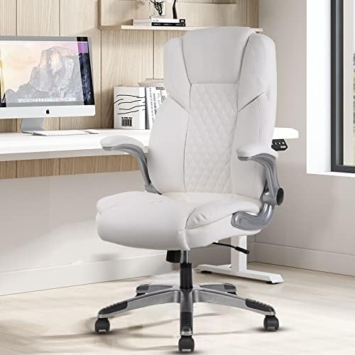Managerial and Executive Office Chair,Ergonomic White PU Leather Office Desk Chair,Diamond Stitched High Back Swivel Task Chair with Rocking Function,Adjustable Flip-up Armrests Computer Chair