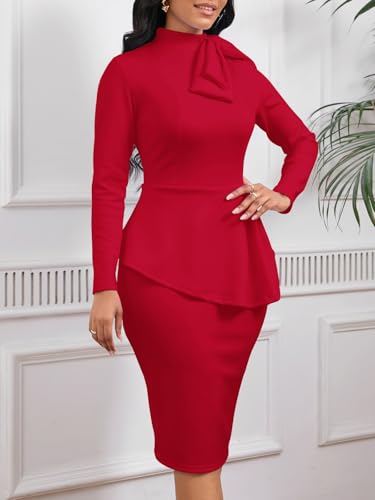 Image of WanMem Women Formal Bodycon Peplum Cocktail Dress Short Sleeve Bow Ruffle Pencil Party Midi Dresses