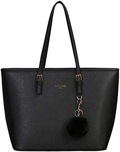URAQT Damen Handtasche Schwarz, Damen Shopper Handtasche Leder Damen Tasche Groß Schule Handtasche für Büro Schule Einkauf mit Kaninchen Pelz Kugel Plüsch Schlüsselring