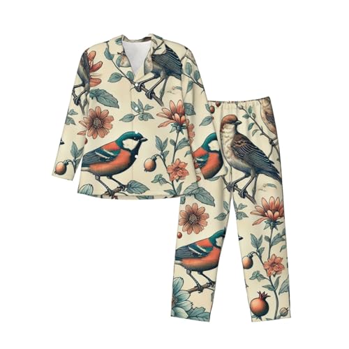 Mens Long Sleeves Pajama Set Birds Shore Floral Vintage Cozy Two-Piece Loungewear For Nighttime Comfort,Casual Wear