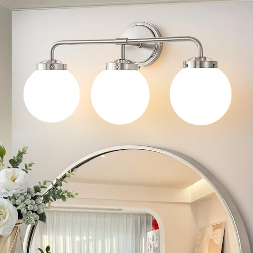 Image of Bathroom Light Fixture 22.4in 3Light Brushed Nickel Vanity Light for Mirror | Bathroom Lighting Fixtures over Mirror, ETL, Brushed Brass Wall Sconce, Dimmable E12 Base Max 60W, Milky Glass Ball Shades
