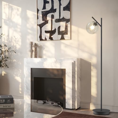 Image of Vintage Floor Lamp for Living Room Mid Century Black Floor Freestanding Lamp Farmhouses Cognac Glass Globe Standing Tall Pole Lamp for Study Room Hotel Bedroom