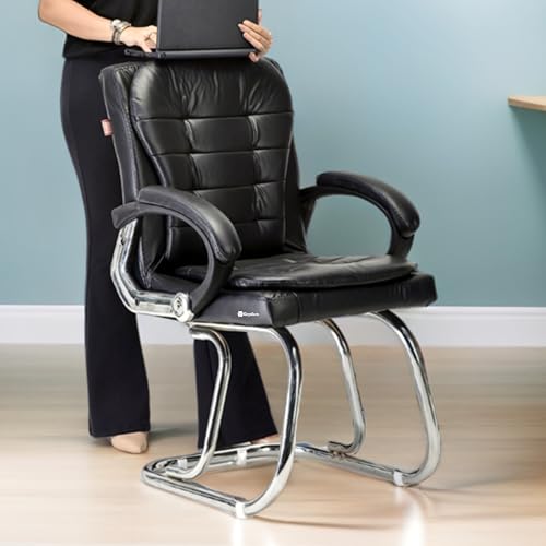 Image of Stainless Steel Special Director Principal Manager Office Visitor Study Chair with Arm Rest with Double Pipe Frame and Cushioned Seat Back (1, Black, Double Pipe Frame)