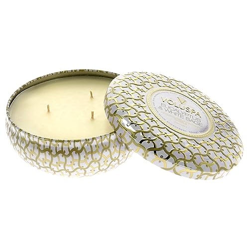 Voluspa Eucalyptus & White Sage Candle 3 Wick Tin 40 Hour Burn Time All Natural Wicks and Coconut Wax for Clean Burning Vegan Green 12 Oz 8127