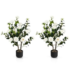 Goplus 38’’ Artificial Camellia Tree, 2 Pack Flower Plants Artificial Tree, Faux Floral Plant Blooming Tree in Cement Pot, Greenery Potted Plant for Indoor Outdoor Office Home Porch Decor