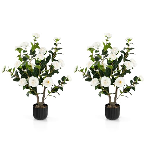 Goplus 38’’ Artificial Camellia Tree, 2 Pack Flower Plants Artificial Tree, Faux Floral Plant Blooming Tree in Cement Pot, Greenery Potted Plant for Indoor Outdoor Office Home Porch Decor