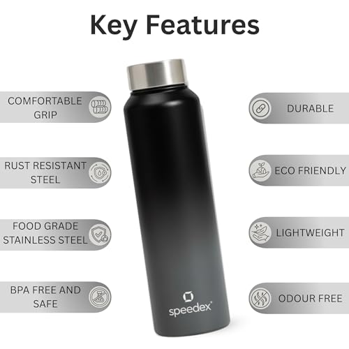 Image of Speedex Stainless Steel Water Bottle 1 Ltr, Leak Proof Screw Cap, BIS Approved 1000 ml Metal Bottle For Daily, Office, School, Gym, Travel Use for Men, Women, Kids, Adults, Black Grey, Set of 2