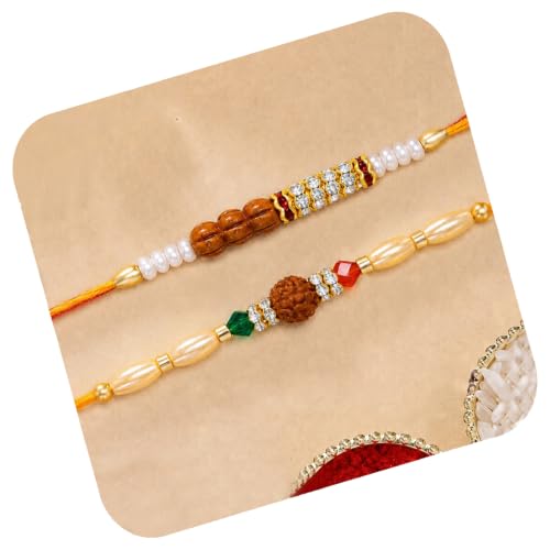 Image of Peora Rakhshabandhan Thread Rakhi for Brother Bhaiya | Kundan Beads & Crystal Studded | Combo Set of 2 | Rakhi Hamper Roli Chawal & Greeting Card