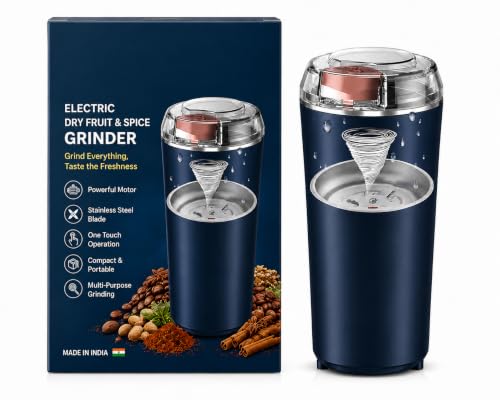 Image of KASHTHABHANJAN PHARMA Electric Coffee Grinder Spice & Coffee Bean Grinder Stainless Steel 4 Blade Mixer Grinder for Masala & Herb Push Button Control Durable Grinding Machine for Dry Item (Blue)