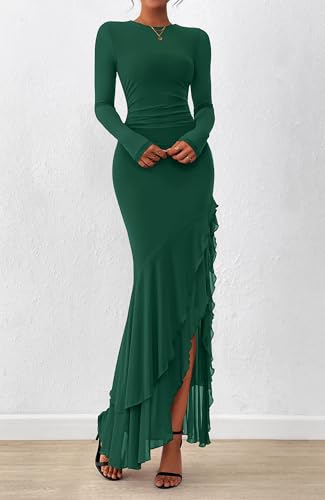 BTFBM Women's Maxi Dresses Fall 2025 Long Sleeve Ruched Bodycon Solid Ruffle Mermaid Cocktail Wedding Guest Dress
