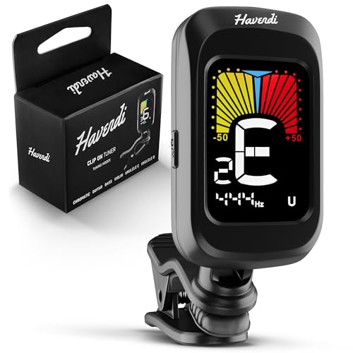 HAVENDI® Clip-On Guitar Tuner – for Guitar, Bass, Violin & Ukulele – Fast & Accurate Piezo Sensing – Color LCD Display, 360° Rotating Screen – Includes Battery – German-Engineered