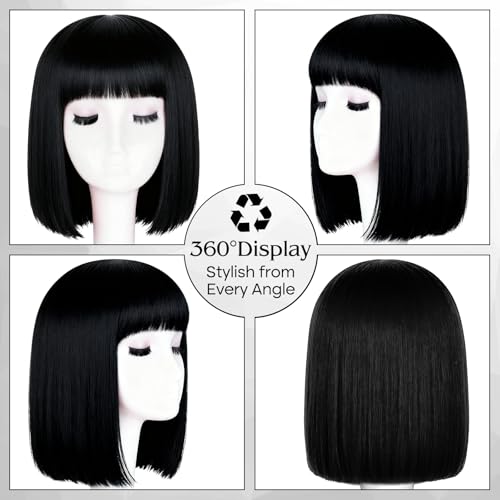 Image of PLULON Black Bob Wig with Bangs, Short Straight Bob Wig with Heart Sunglasses 12 Inch Shoulder Length Heat Resistant Synthetic Hair Cap for Women Natural Look Daily Use Cosplay Halloween Costume Party