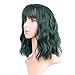 FAELBATY Wavy Wig Short Bob Wigs With Air Bangs Shoulder Length Women's Short Wig Curly Wavy Synthetic Cosplay Wig Geen Bob Wig for Girl Dark Geen Color Wigs