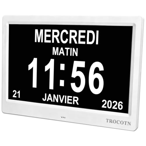 TROCOTN Horloge numérique Horloge de Jour Grand écran réveil Murale (Blanc, 10 Pouces)