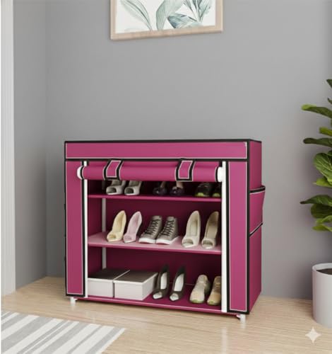 Image of Shoe Rack with Cover, Plastic Rack 3 Shelves with Zip Cover & Side Pockets, Dustproof Multiuse Storage Organizer for Footwear, Toy, Slipper Stand Multicolor