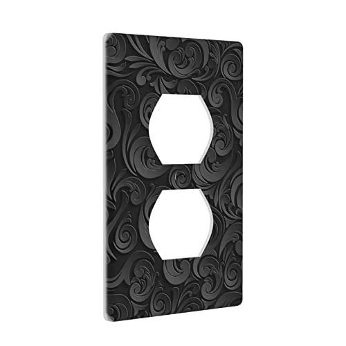 Modern Black Floral Print Outlet Cover Wall Plate Decorative Electrical Single Duplex Receptacle Light Switch Cover 1 Gang Faceplate Funny Decorator Farmhouse Bedroom 4.50" X 2.76" 1 Pack #TOP1