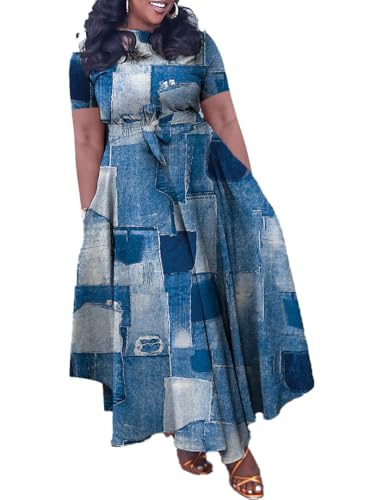 Image of Hostoyo Women Plus Size Formal A Line Maxi Dress Self Tie Waist with Pockets Elegant Round Neck Swing Long Dresses