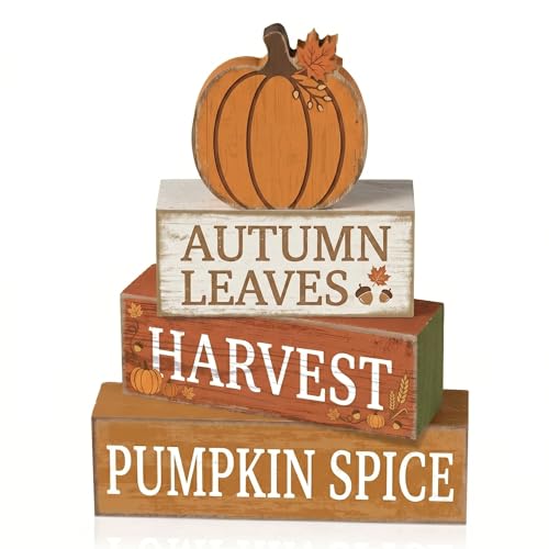 4 Pcs Fall Table Decor, Farmhouse Stacked Wooden Block Signs with Pumpkin Accents, Rustic Thanksgiving Tiered Tray Decorations, Autumn Harvest Tabletop Centerpiece for Home Kitchen Party